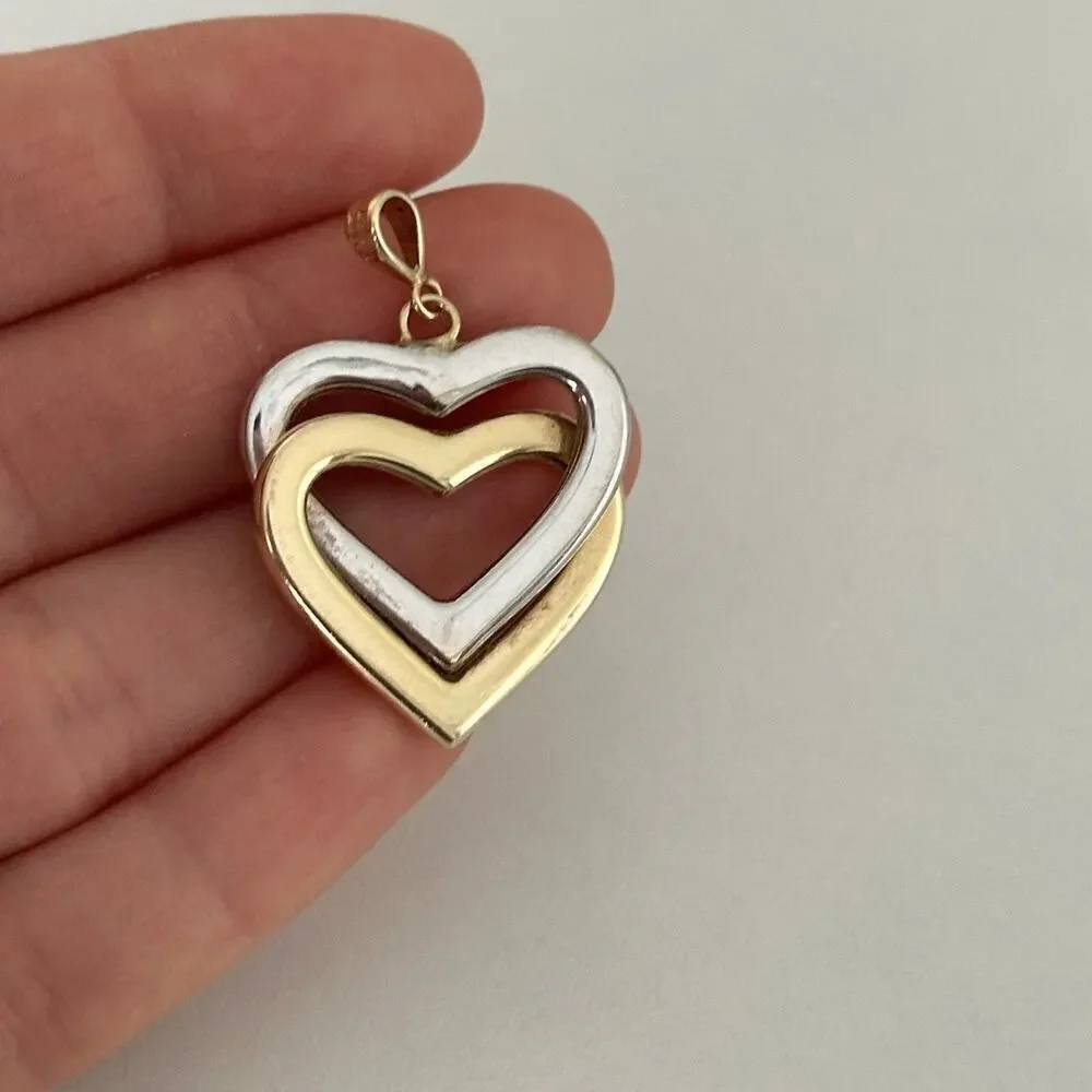 14K Yellow & White Gold Two Tone Double Interlocking Hearts Pendant